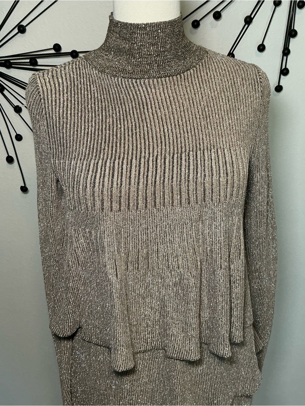 Zara Metallic Ribbed Knit Tiered Mock Neck Midi Dress Gold Beige Small - Picture 3 of 4